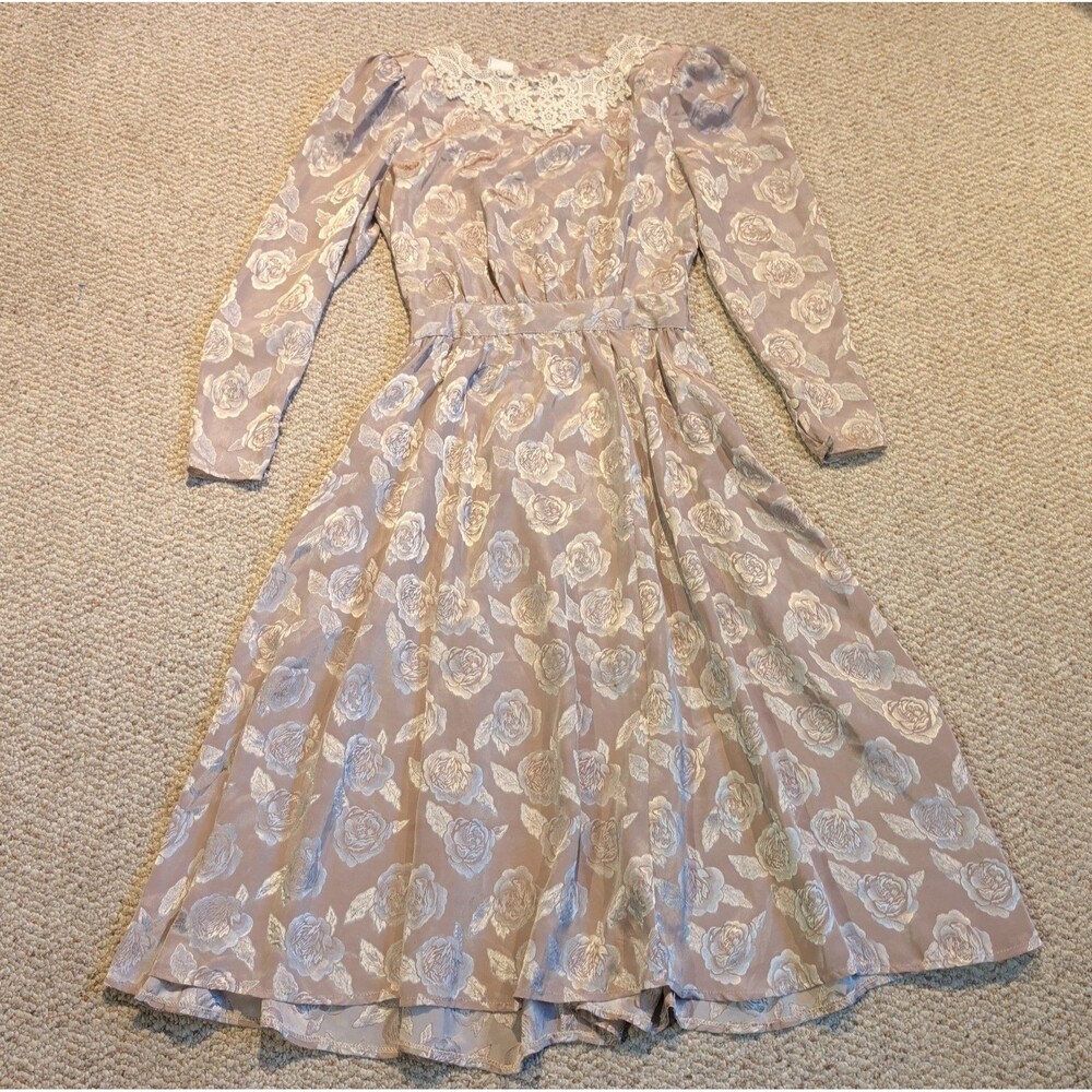 Vintage 80s Scott McClintock Gunne Sax Dress Tan Romantic Cottage Prairie Lace